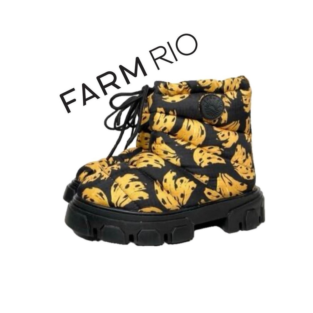 Farm Rio Black Yellow Monstera Leaf Puffer Boots Lug Sole Ankle Snow Boot 6
